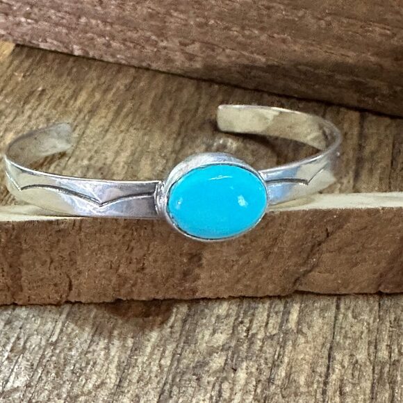 Navajo Sterling Cuff & Kingman Turquoise Cuff Bracelet, Signed - Picture 1 of 7